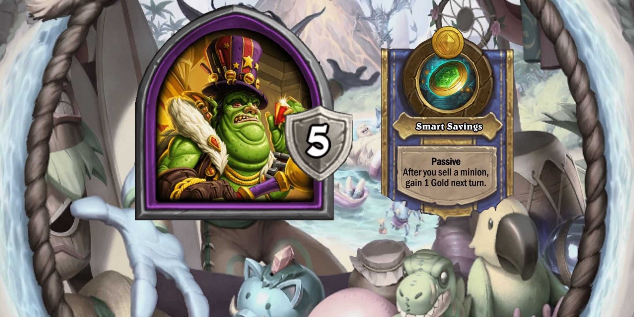 Príncipe Comercial Gallywix e seu Poder Heroico dos Campos de Batalha de Hearthstone em um fundo com tema de praia