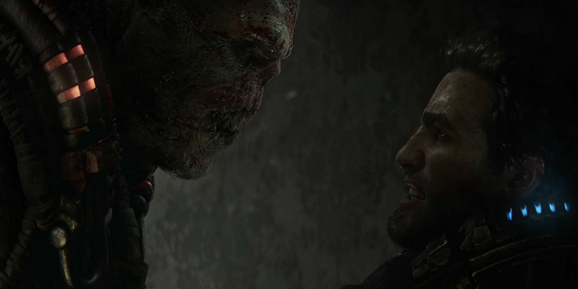 Marcus facing a Locust in Gears of War E Day