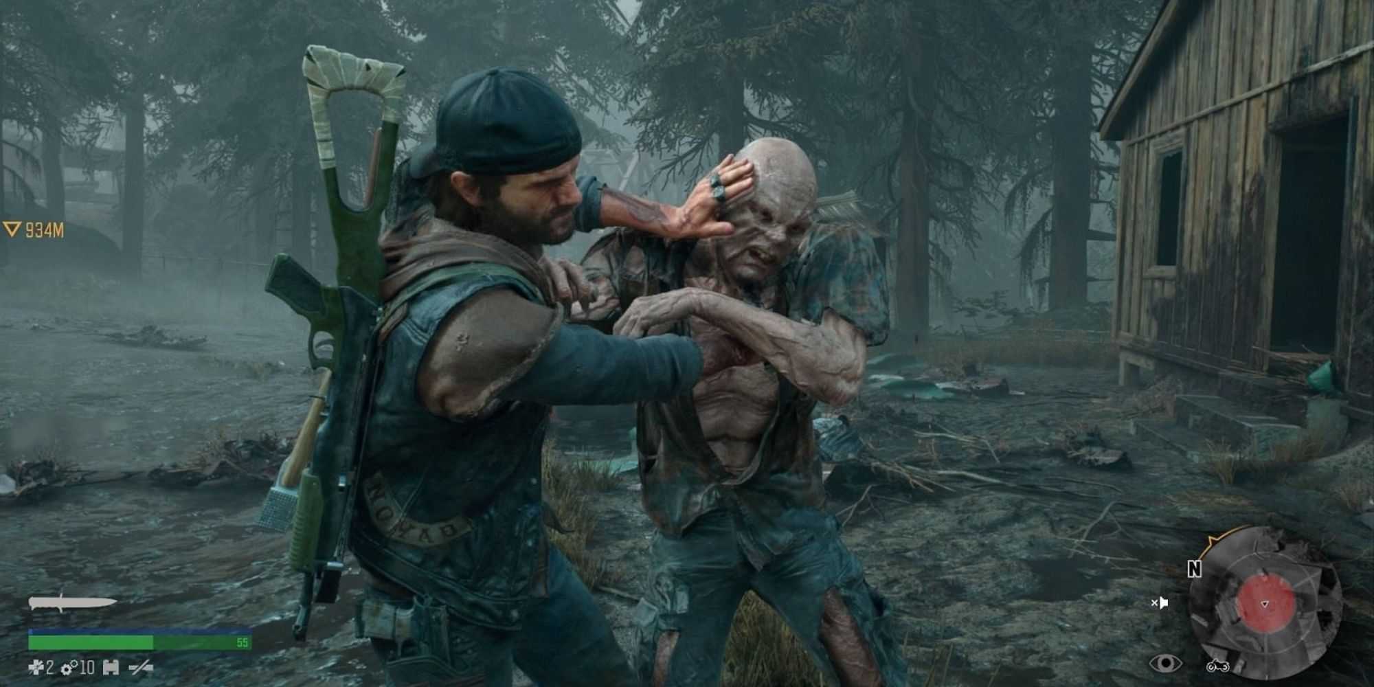 Deacon St John em um encontro próximo com uma pessoa infectada no jogo Days Gone