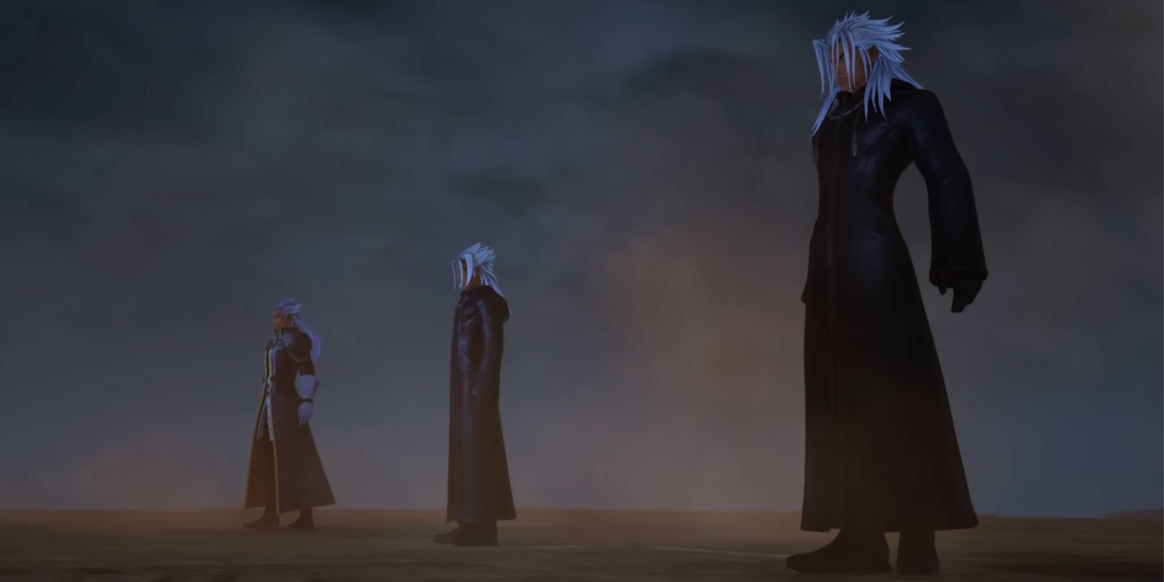 Ansem, Young Xehanort e Xemnas enfrentam Sora, Riku e Mickey.