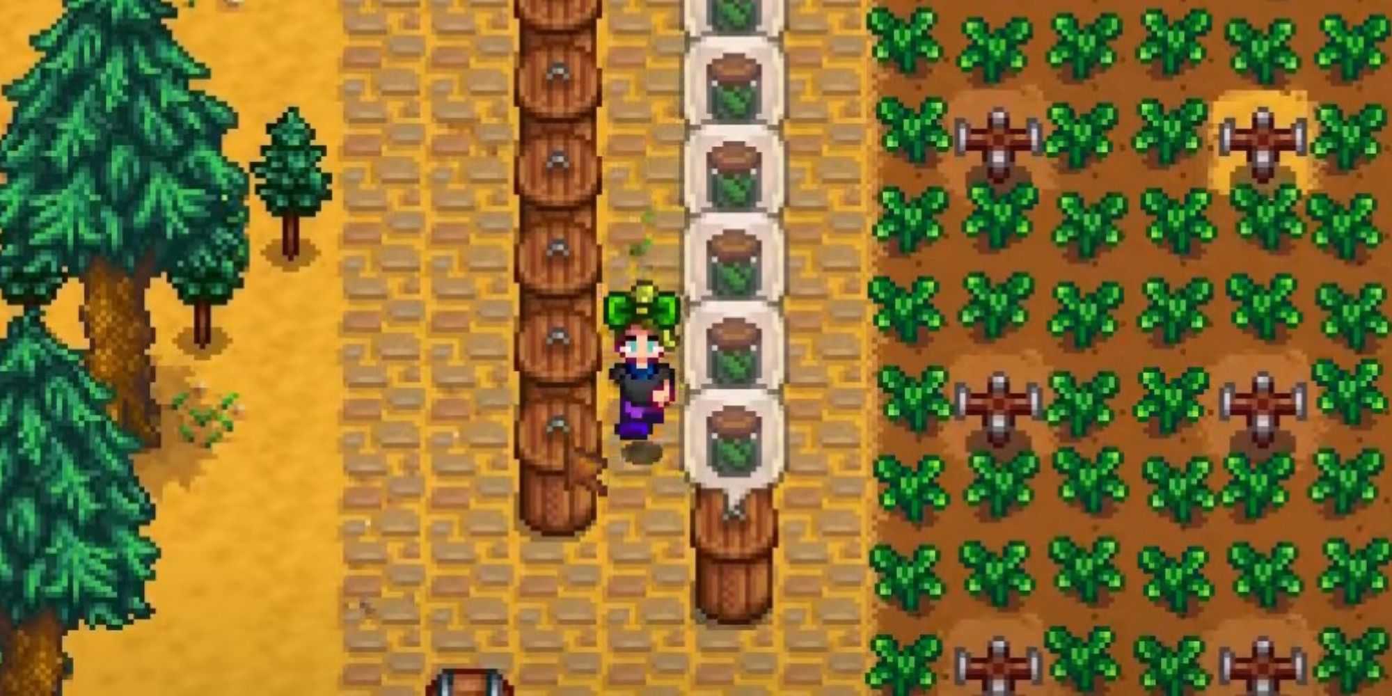 Um fazendeiro fazendo picles em Stardew Valley