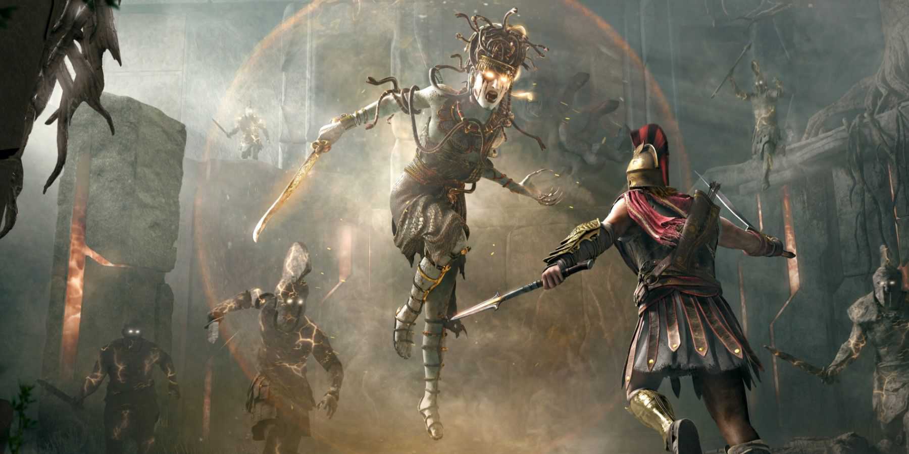 A Grecian Assassin Attacking Medusa In Assassin's Creed Odyssey