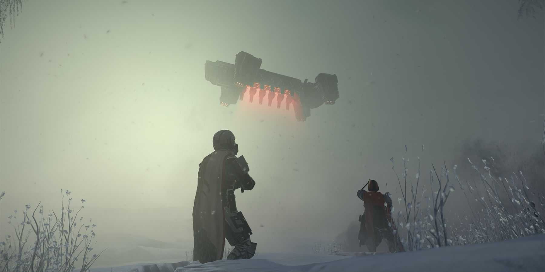 Helldivers 2 two soldiers watching aircraft in the sky