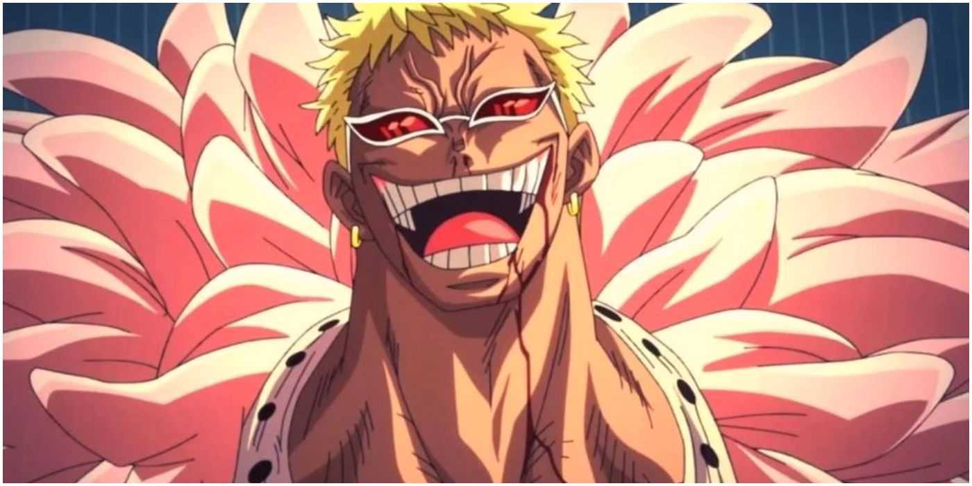 Doflamingo from One Piece laughing in a sinister fashion