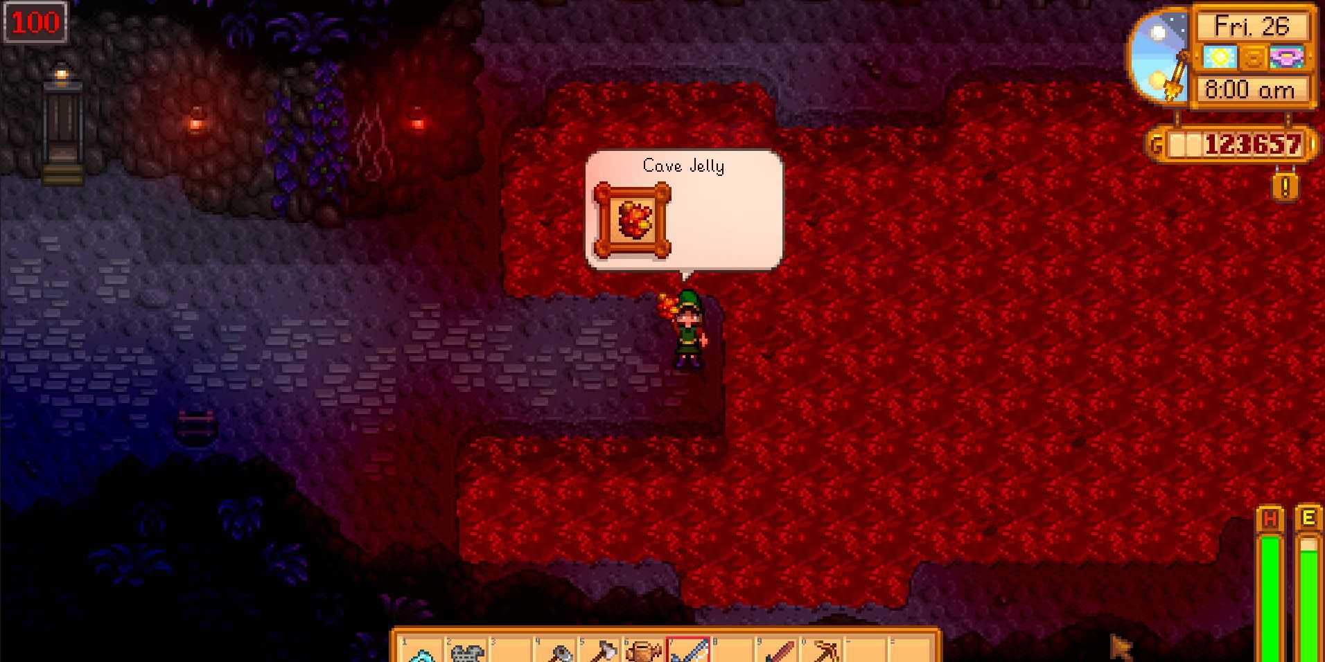 Image of a Cave Jelly being caught in the mines in Stardew Valley