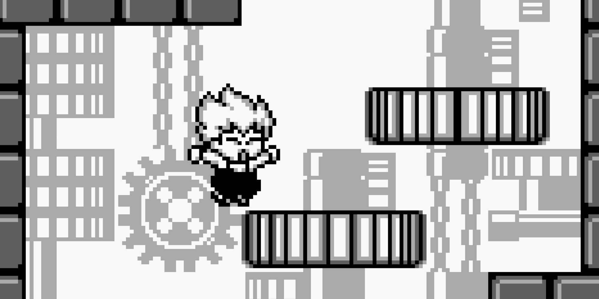 Jumping up a clock tower in Kid Dracula (Game Boy)