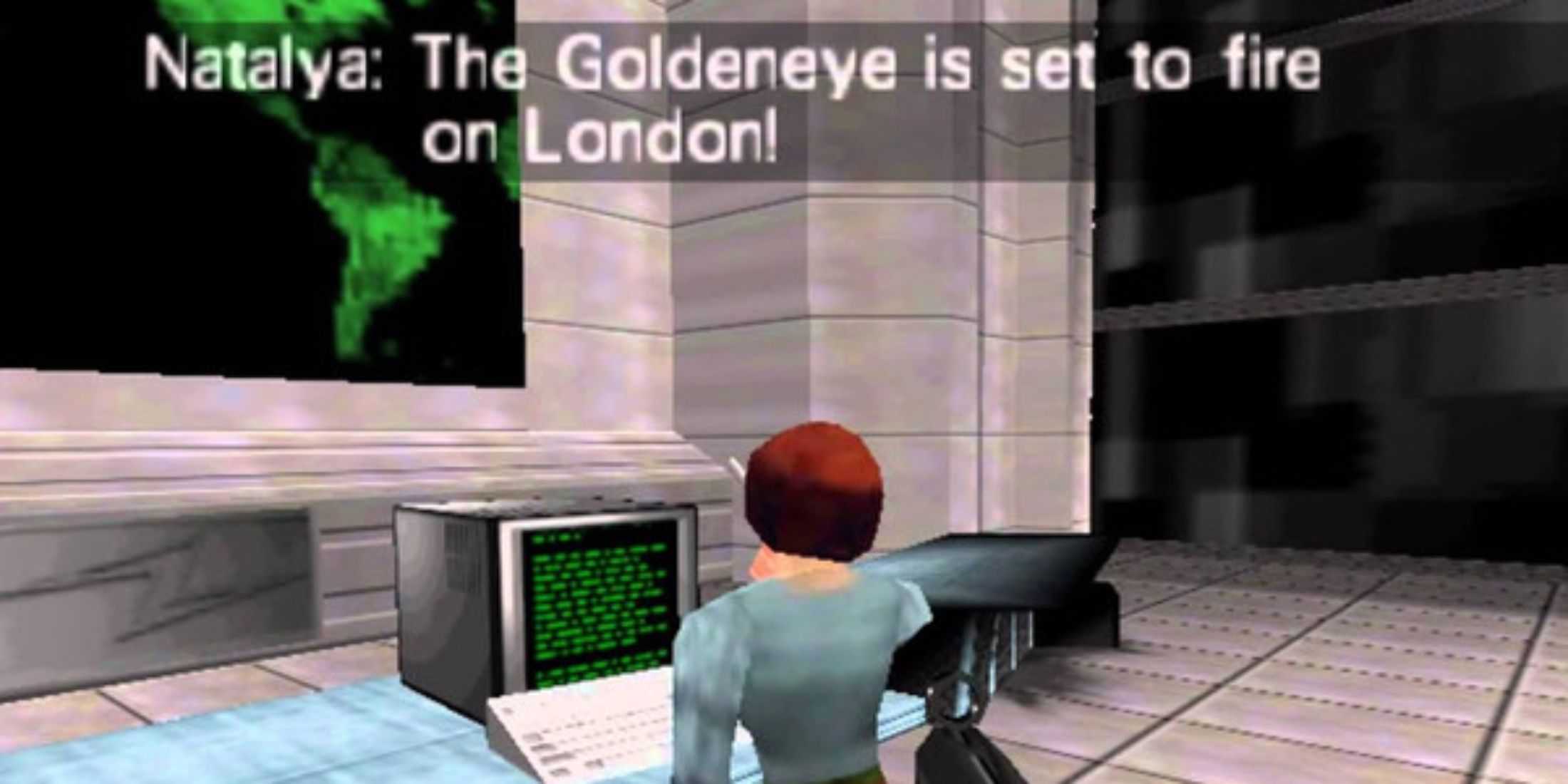 Goldeneye 007 - Natalya standing in front of a monitor and saying the Goldeneye will fire on London