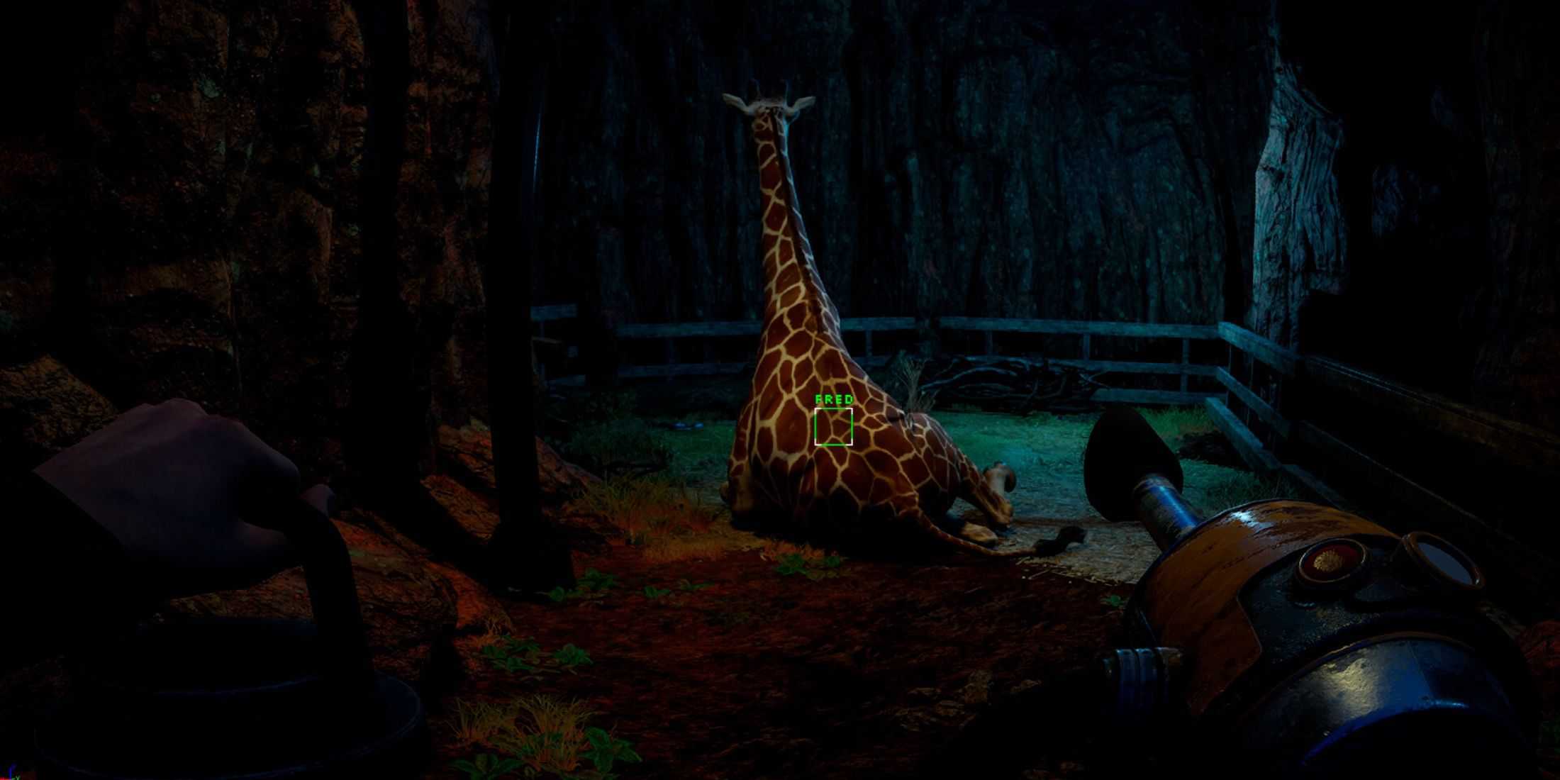 The player shining a flashlight at a giraffe with its back turned