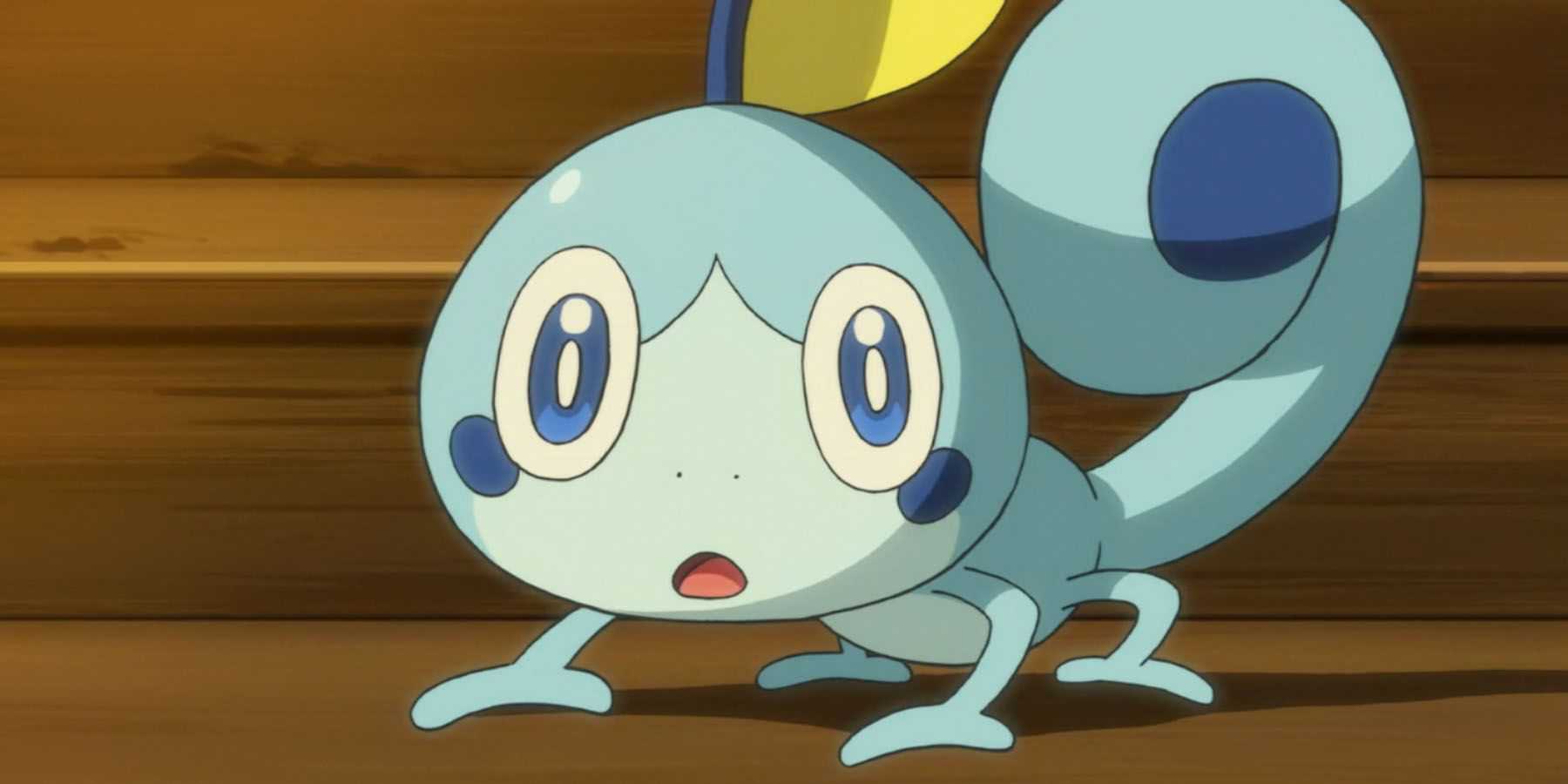 A screenshot of Sobble crawling on a table inside in the Pokemon anime.