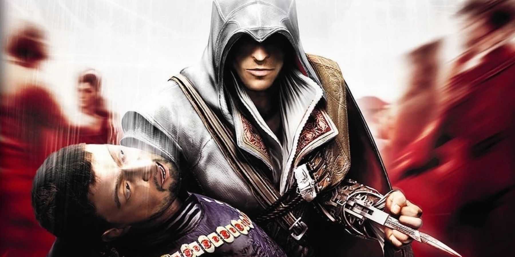 Ezio segurando um papa moribundo na capa de Assassin's Creed II Discovery