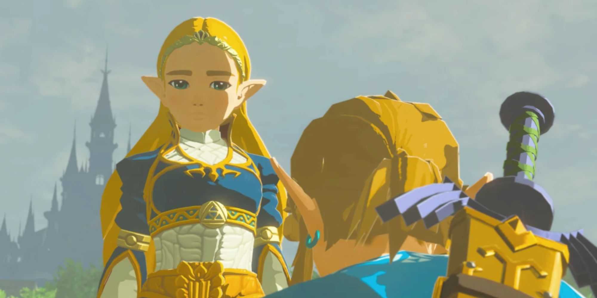 Link kneeling before Princess Zelda