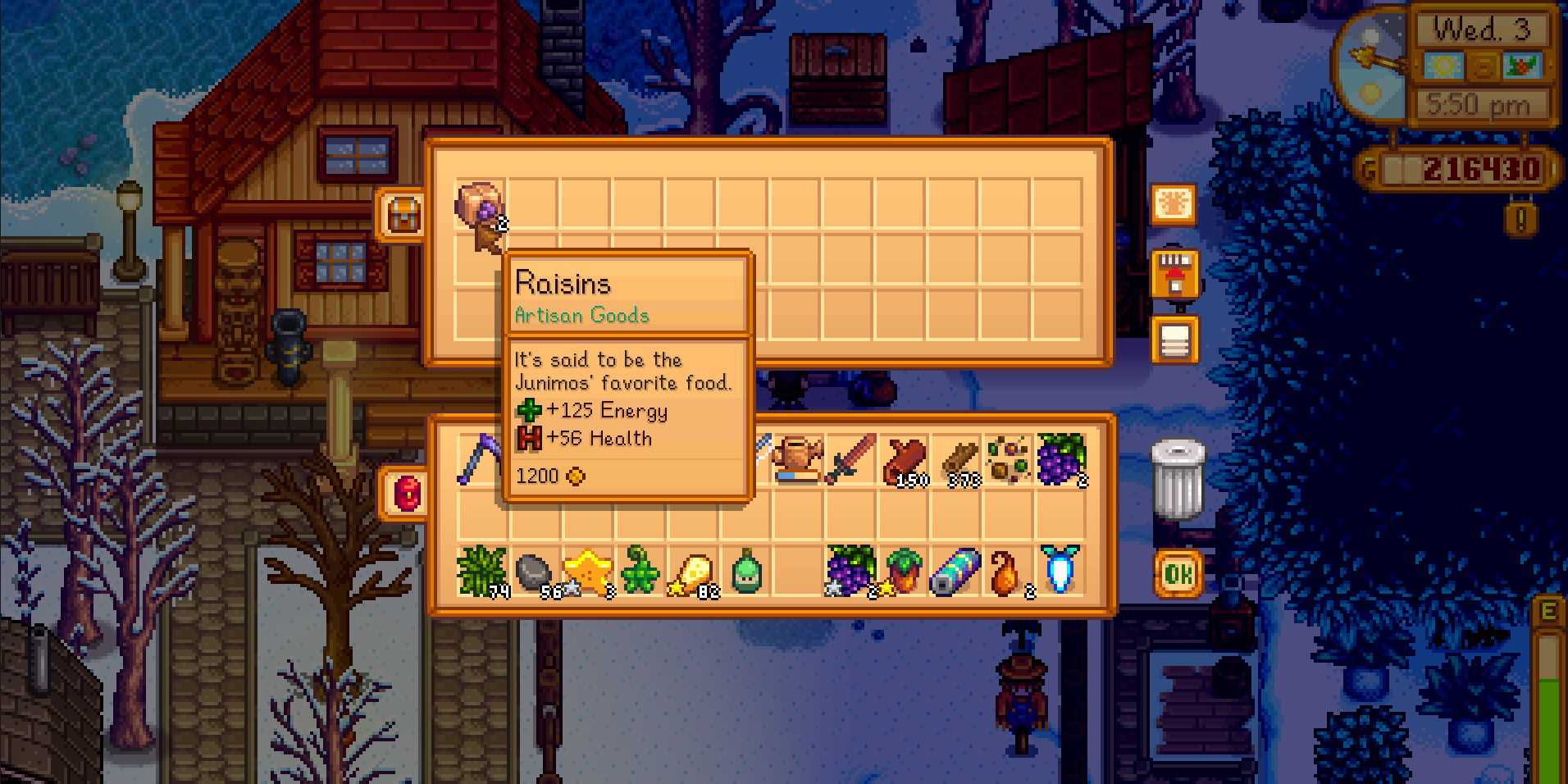 Image of a character placing raisins in the Junimo Hut inventory in Stardew Valley