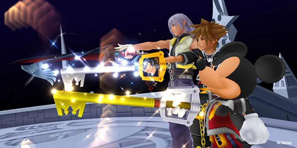 Sora, Riku e King Mickey enfrentando Xemnas no final de Kingdom Hearts 2.