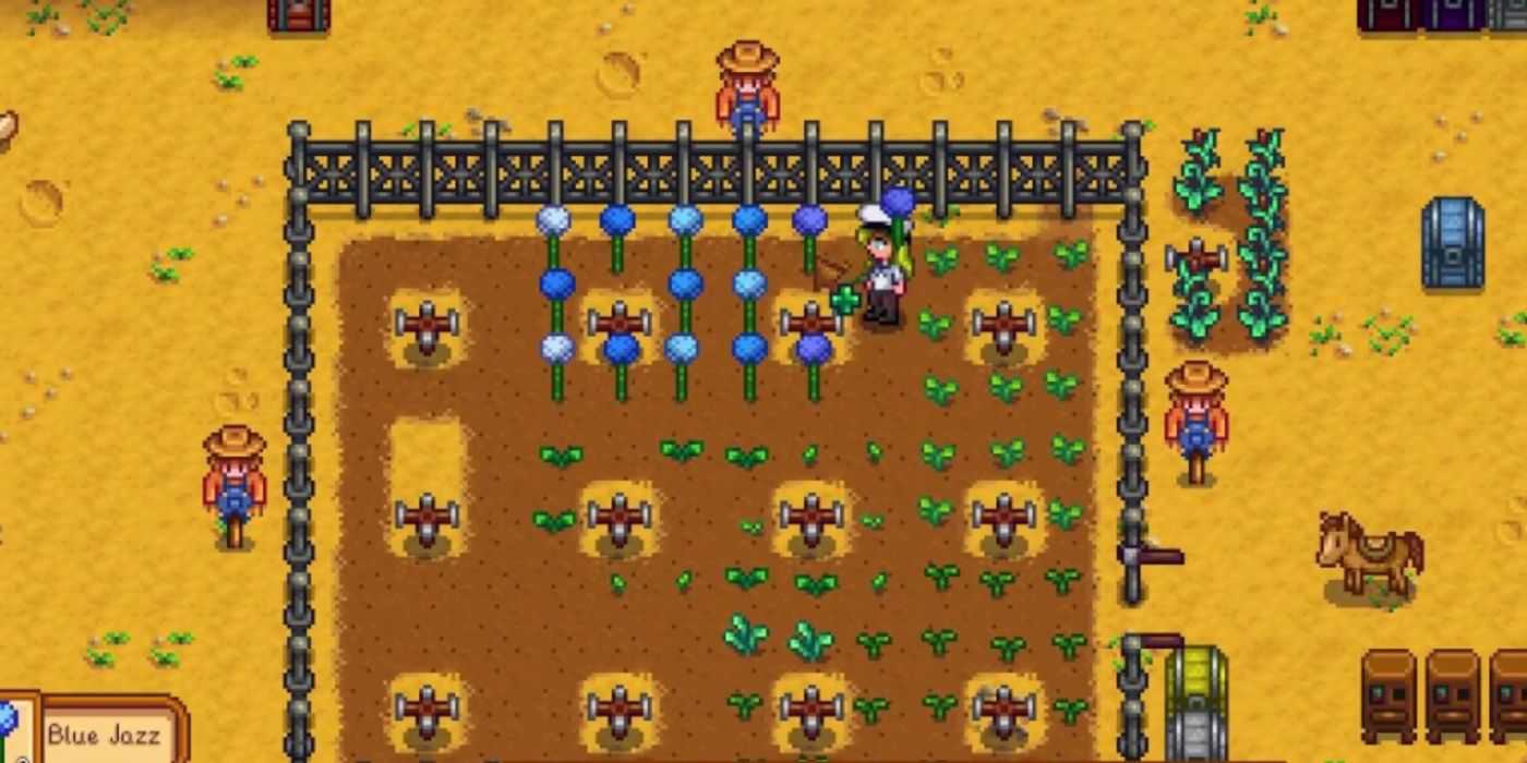 A screenshot of blue jazz growing in Stardew Valley.