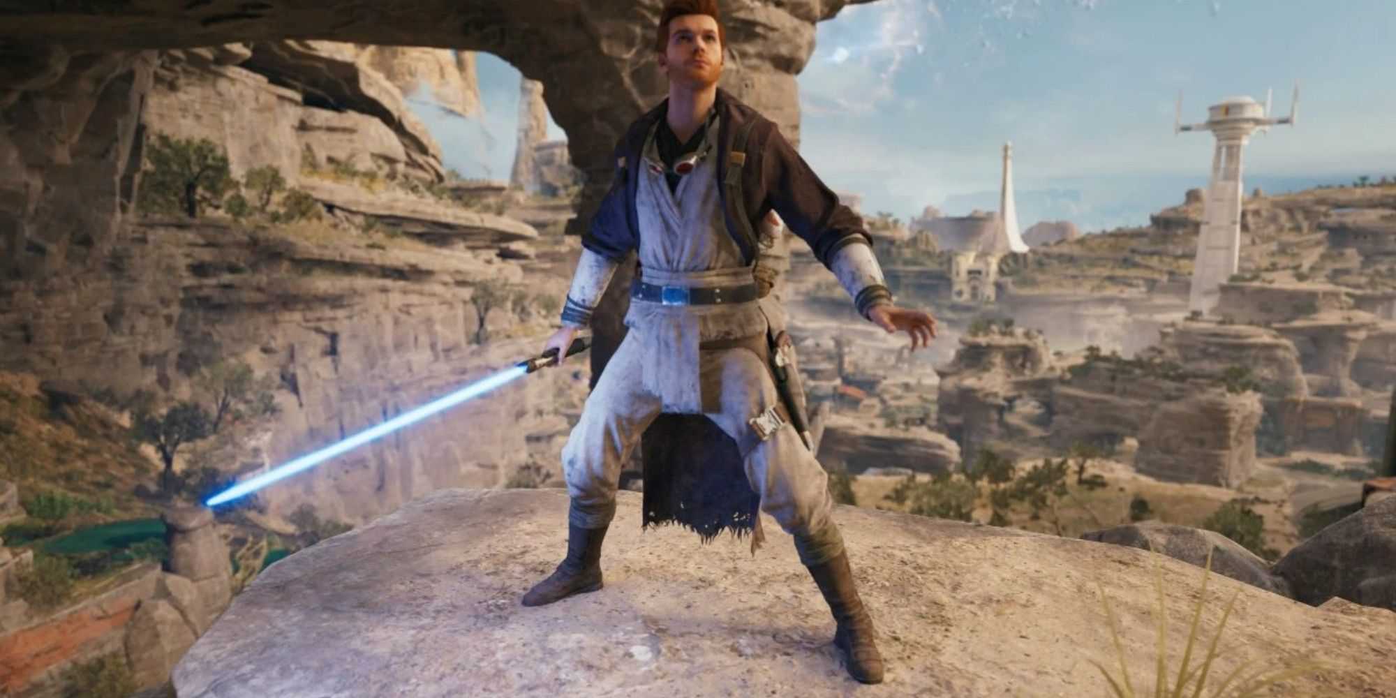 cal vestindo a fantasia de eremita com o sabre de luz do obi-wan